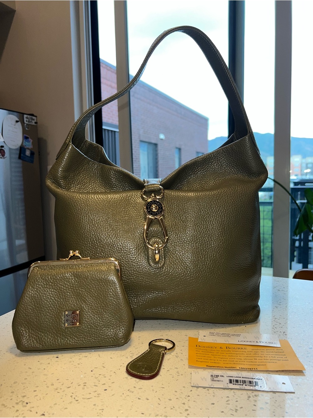 Dooney & Bourke Olive Green Pebbled Leather Shoulder Bag w Coin Purse, Key Fob